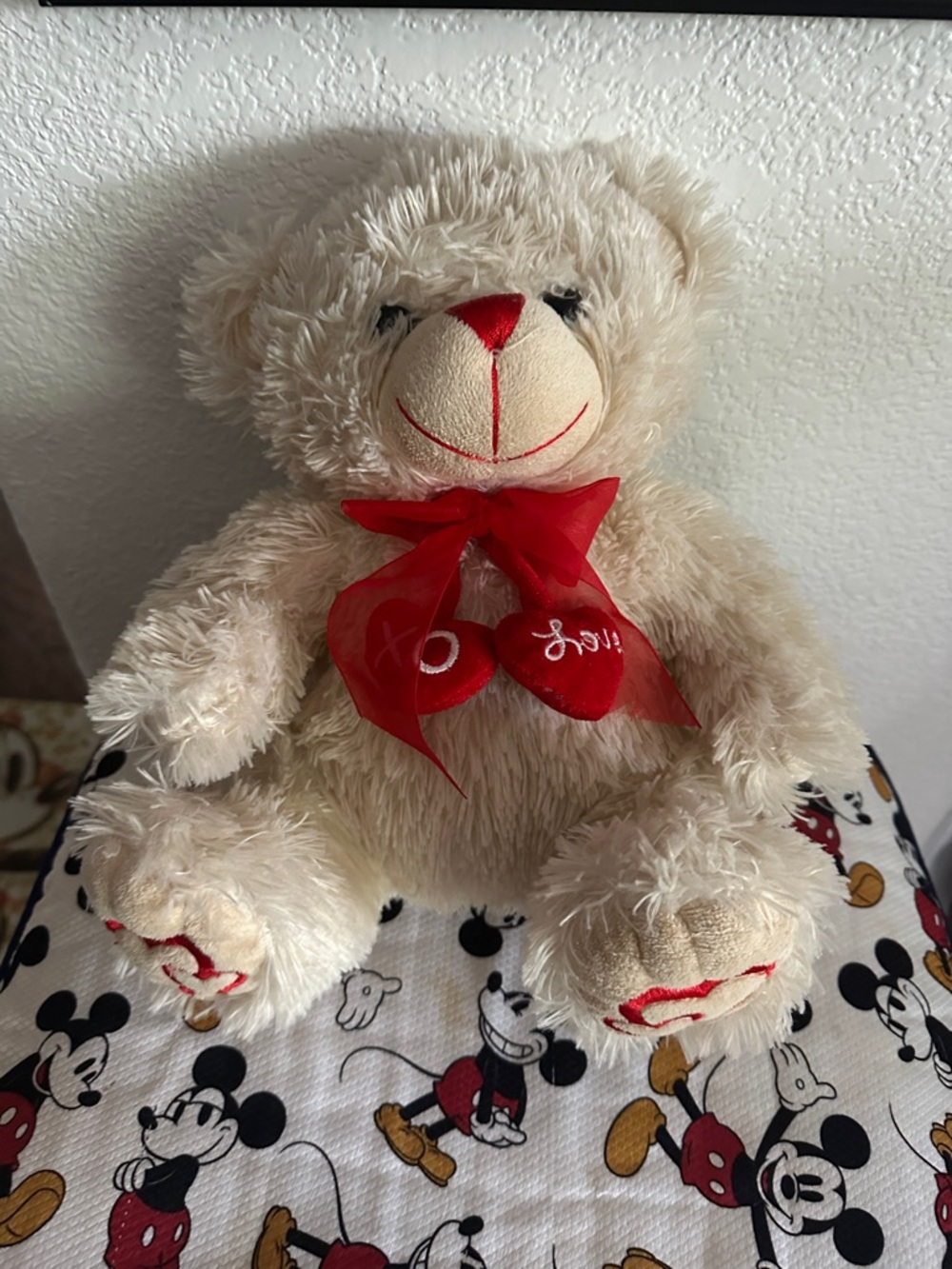 Plush Cream Teddy Bear with Red Bow XO LOVE